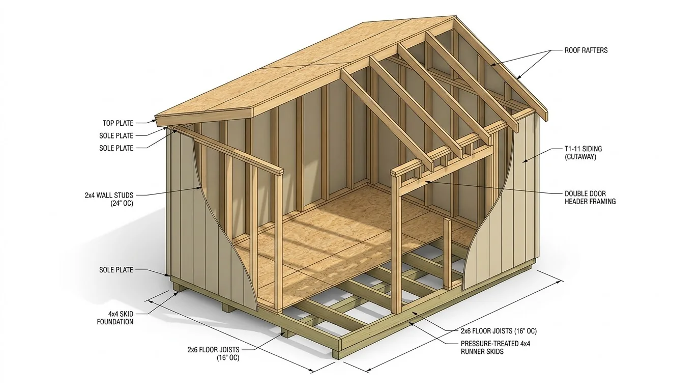 Labeled cutaway drawing of a shed frame: 4x4 skid foundation, 2x6 floor joists at 16 inches on center, 2x4 wall studs, sole and top plates, double door header, roof rafters and T1-11 siding