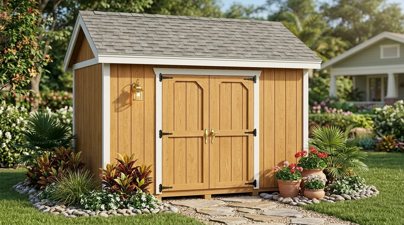 Cedar-colored shed with white trim, gray shingles and double doors in a landscaped backyard